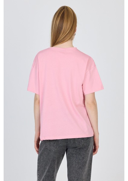 Pembe Yazı Baskılı %100 Pamuk Oversize Tişört 2150-5M indirimleri