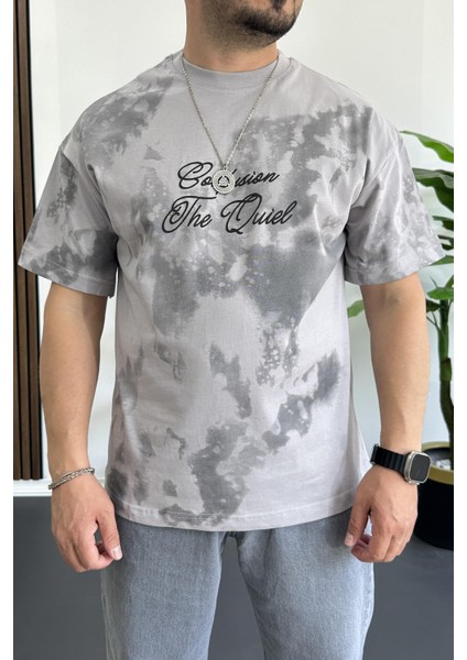 Erkek Oversize Ön ve Arka Kabartmalı Slogan Baskılı Tişört Gri EDW368