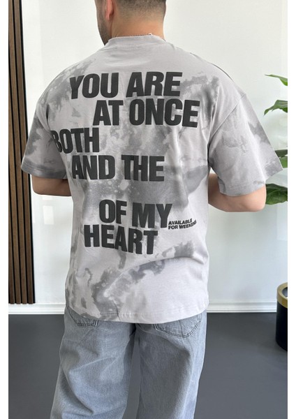 Erkek Oversize Ön ve Arka Kabartmalı Slogan Baskılı Tişört Gri EDW368