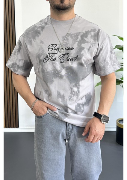 Erkek Oversize Ön ve Arka Kabartmalı Slogan Baskılı Tişört Gri EDW368