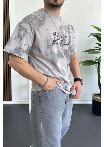 Erkek Oversize Ön ve Arka Kabartmalı Slogan Baskılı Tişört Gri EDW368
