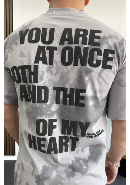 Erkek Oversize Ön ve Arka Kabartmalı Slogan Baskılı Tişört Gri EDW368