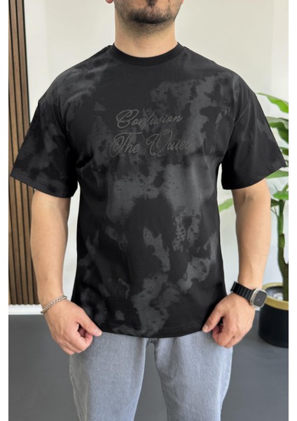 Erkek Oversize Ön ve Arka Kabartmalı Slogan Baskılı Tişört Siyah EDW368