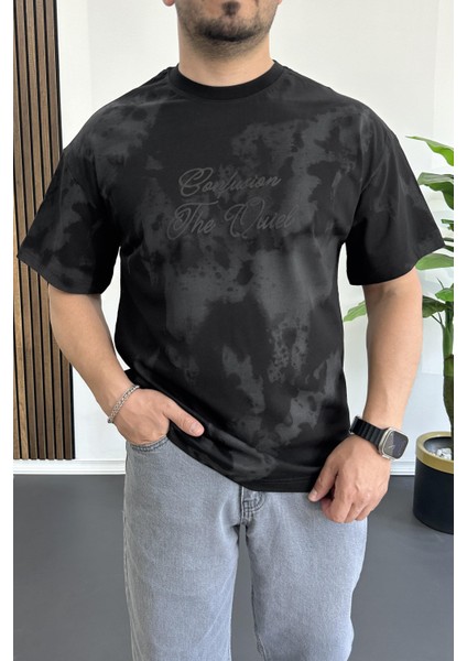 Erkek Oversize Ön ve Arka Kabartmalı Slogan Baskılı Tişört Siyah EDW368 modelleri