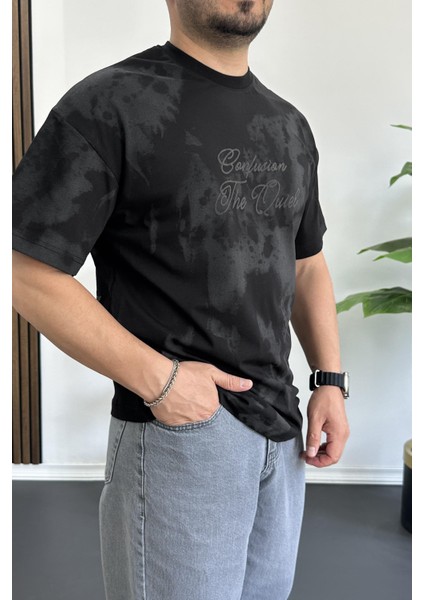 Erkek Oversize Ön ve Arka Kabartmalı Slogan Baskılı Tişört Siyah EDW368 fırsatları