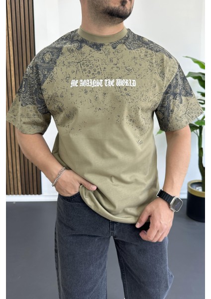 Erkek Oversize Ön ve Arka Baskılı Desenli Tişört Yeşil EDW369 modelleri