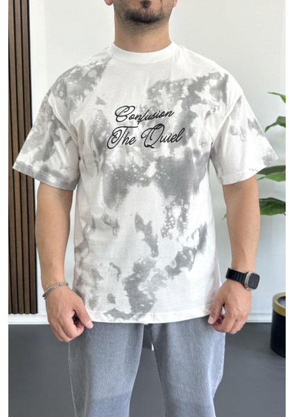 Erkek Oversize Ön ve Arka Kabartmalı Slogan Baskılı Tişört Beyaz EDW368