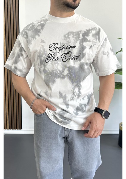 Erkek Oversize Ön ve Arka Kabartmalı Slogan Baskılı Tişört Beyaz EDW368 modelleri