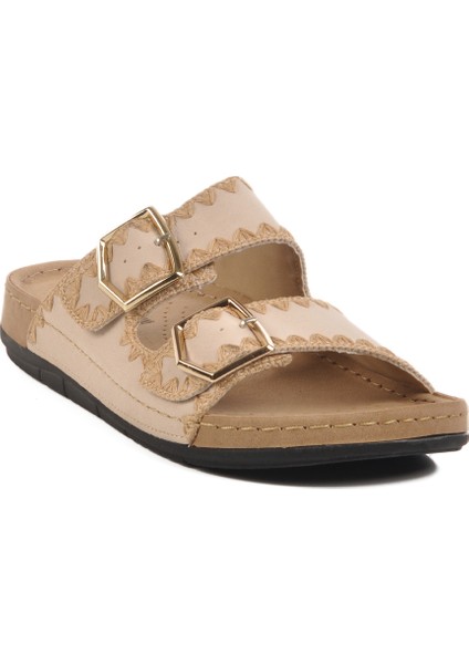 Bej Anatomik Çift Bantlı Kadın Düz Terlik modelleri