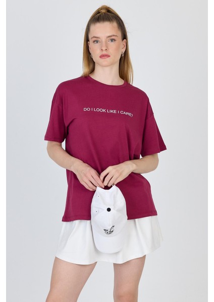 Bordo Yazı Baskılı %100 Pamuk Oversize Tişört 2150-5M modelleri