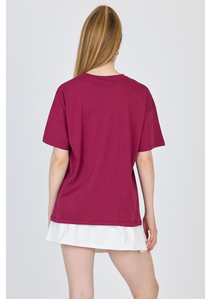 Bordo Yazı Baskılı %100 Pamuk Oversize Tişört 2150-5M indirimleri