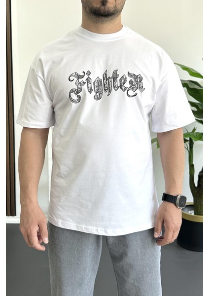 Erkek Oversize Ön ve Arka Kabartmalı Fighter Baskılı Tişört Beyaz EDW367 fiyatları