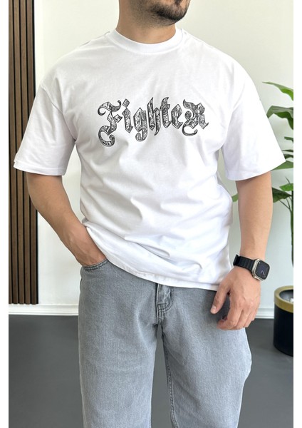 Erkek Oversize Ön ve Arka Kabartmalı Fighter Baskılı Tişört Beyaz EDW367 modelleri