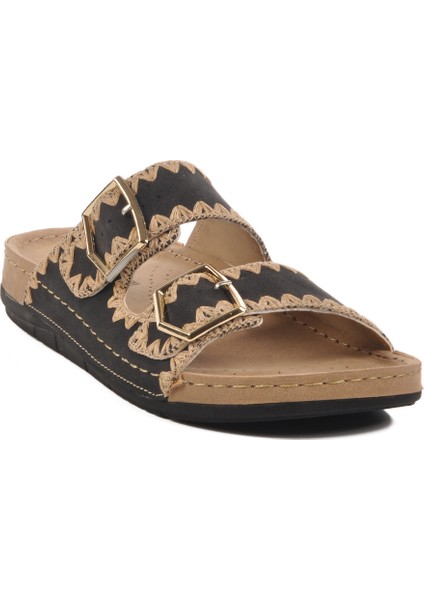 Siyah Anatomik Çift Bantlı Kadın Düz Terlik modelleri