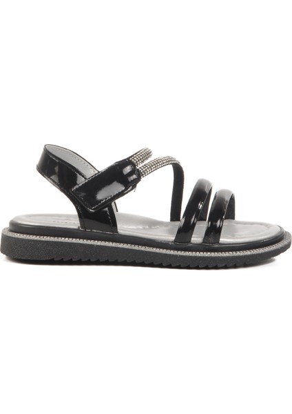 Siyah Rugan Cırtlı Ortopedik Kız Çocuk Düz Sandalet