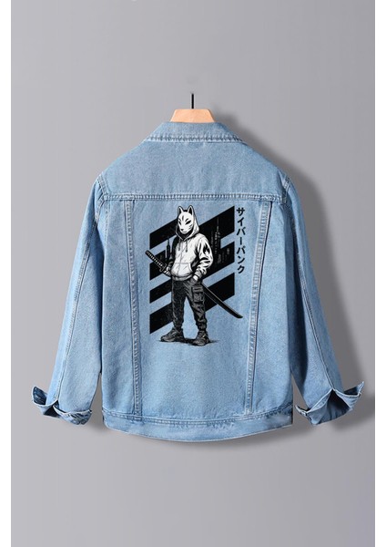 Erkek Slim Fit Sırt Baskılı Denim Kot Ceket Açık Mavi EDW380