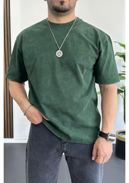 Erkek Oversize Geniş Kesim Yıkamalı Kumaş Nakış Logolu Tişört Yeşil EDW366