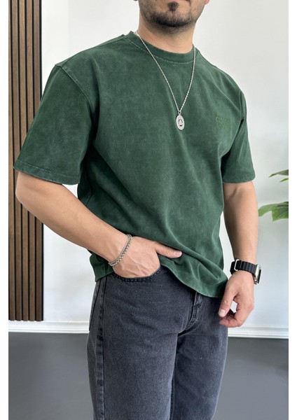 Erkek Oversize Geniş Kesim Yıkamalı Kumaş Nakış Logolu Tişört Yeşil EDW366 fiyatları