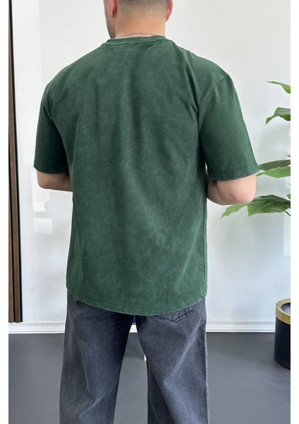 Erkek Oversize Geniş Kesim Yıkamalı Kumaş Nakış Logolu Tişört Yeşil EDW366 modelleri