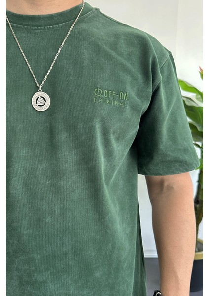 Erkek Oversize Geniş Kesim Yıkamalı Kumaş Nakış Logolu Tişört Yeşil EDW366 fırsatları