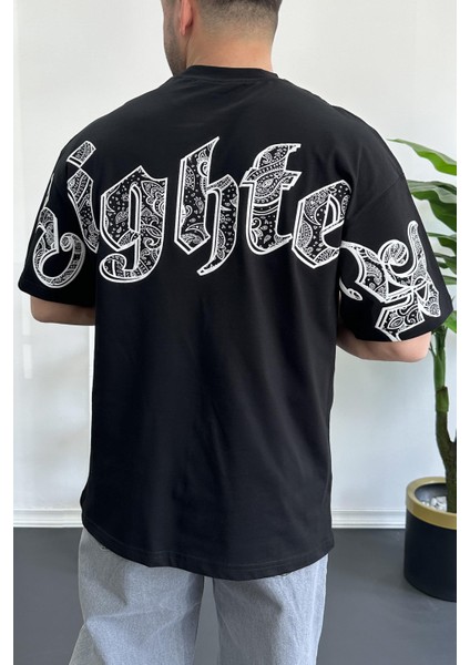 Erkek Oversize Ön ve Arka Kabartmalı Fighter Baskılı Tişört Siyah EDW367
