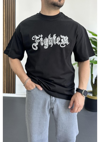 Erkek Oversize Ön ve Arka Kabartmalı Fighter Baskılı Tişört Siyah EDW367 modelleri