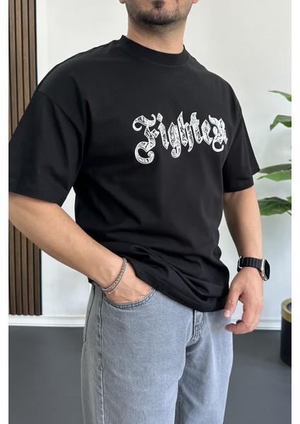 Erkek Oversize Ön ve Arka Kabartmalı Fighter Baskılı Tişört Siyah EDW367 fırsatları