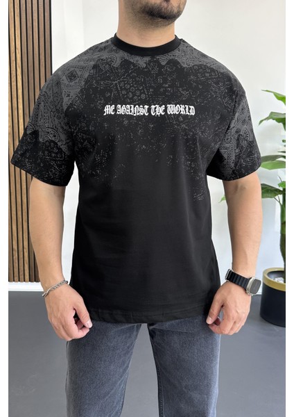 Erkek Oversize Ön ve Arka Baskılı Desenli Tişört Siyah EDW369