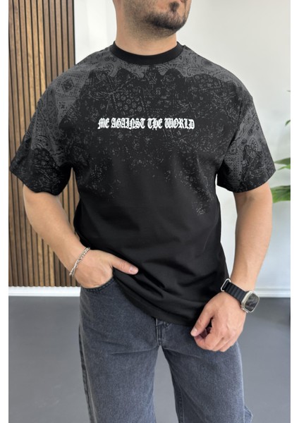 Erkek Oversize Ön ve Arka Baskılı Desenli Tişört Siyah EDW369 modelleri