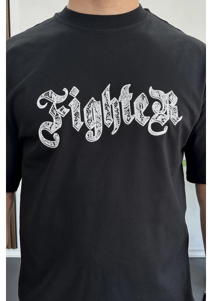 Erkek Oversize Ön ve Arka Kabartmalı Fighter Baskılı Tişört Siyah EDW367 indirimleri