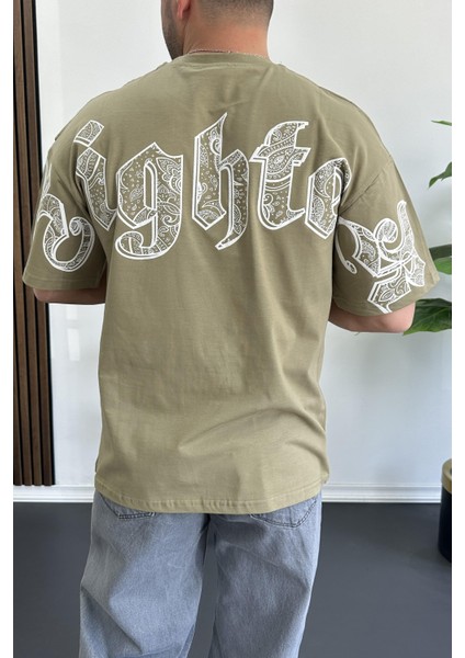 Erkek Oversize Ön ve Arka Kabartmalı Fighter Baskılı Tişört Yeşil EDW367