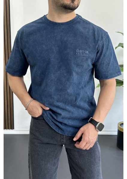 Erkek Oversize Geniş Kesim Yıkamalı Kumaş Nakış Logolu Tişört Mavi EDW366