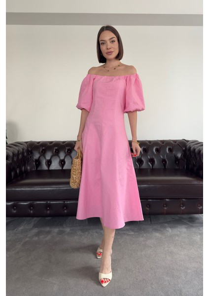 Balon Kol Premium Keten Elbise- Pembe