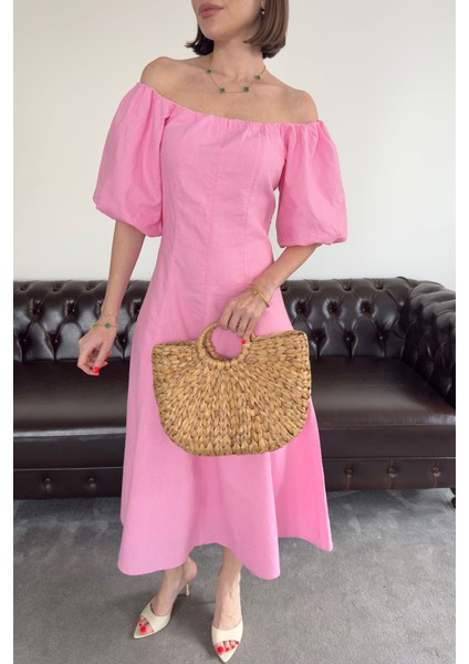 Balon Kol Premium Keten Elbise- Pembe fiyatları