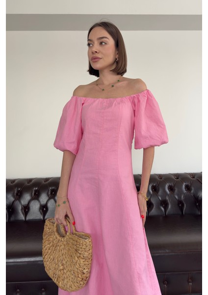 Balon Kol Premium Keten Elbise- Pembe modelleri