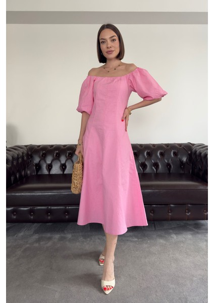 Balon Kol Premium Keten Elbise- Pembe fırsatları