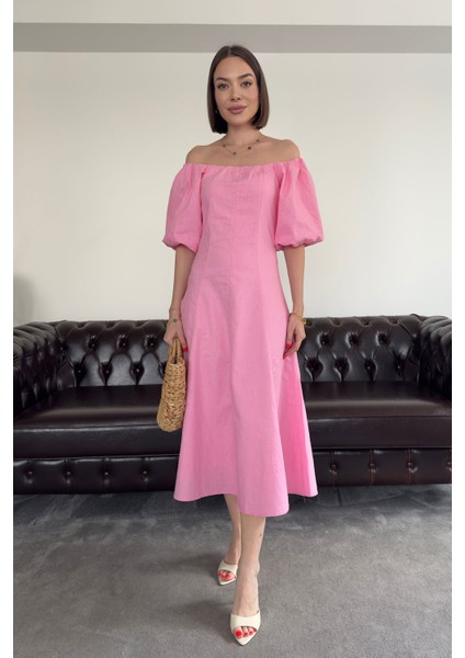 Balon Kol Premium Keten Elbise- Pembe indirimleri