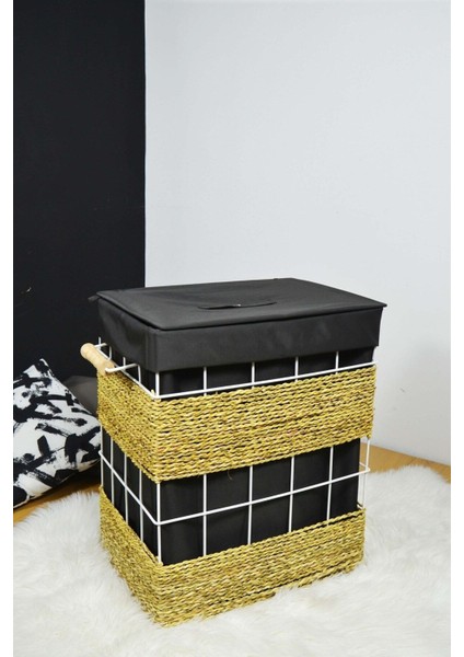 Metal Hasır Örmeli Kare Çamaşır Sepeti Siyah