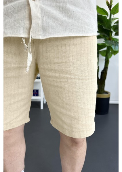 Erkek Beli Lastikli Keten Kumaş Şort Krem EDW370
