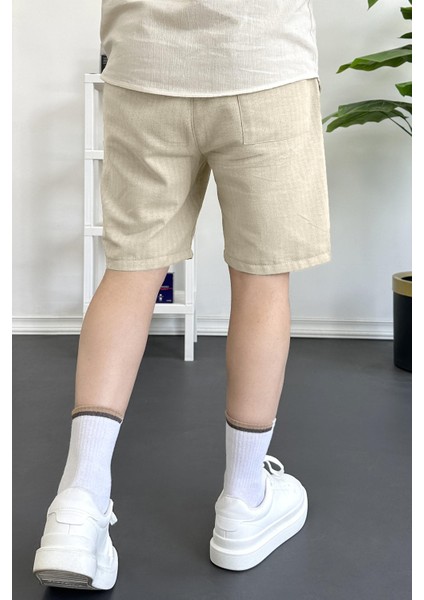 Erkek Beli Lastikli Keten Kumaş Şort Krem EDW370