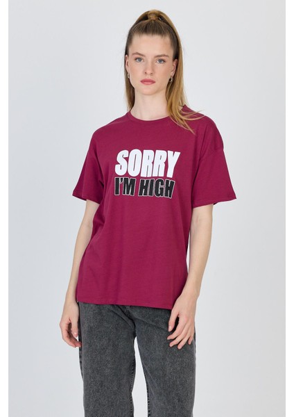 Bordo Yazı Baskılı %100 Pamuk Oversize Tişört 2150-7M