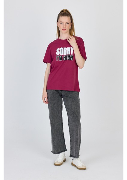 Bordo Yazı Baskılı %100 Pamuk Oversize Tişört 2150-7M fiyatları