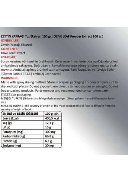 Zeytin Yaprağı Toz Ekstresi ( Olive Leaf Powder Extract)100 gr Cam Kavanoz fiyatları