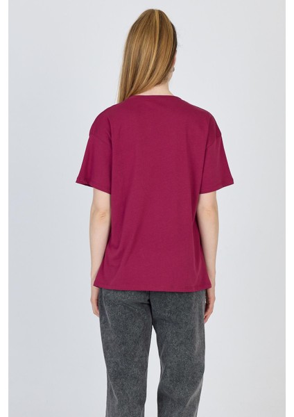 Bordo Yazı Baskılı %100 Pamuk Oversize Tişört 2150-7M indirimleri