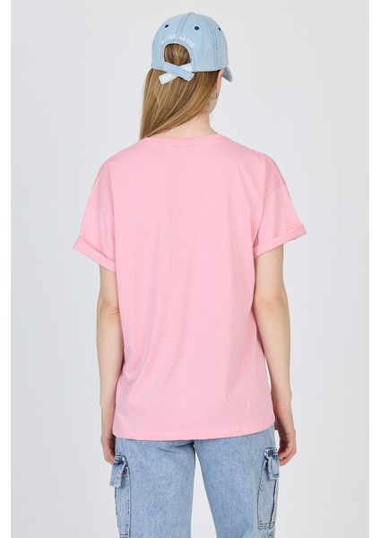 Pembe Yazı Baskılı %100 Pamuk Oversize Tişört 2150-7M indirimleri