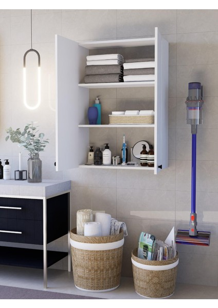 2 Kapaklı Beyaz Çok Amaçlı Dolap, Ayarlanabilir Raflı, Kulplu Kiler Dolabı, Banyo Dolabı 104X73CM %100MDF (BD11)