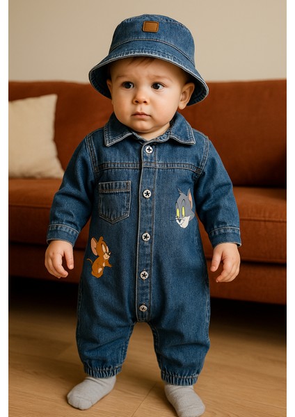 Unisex Çocuk Bebek Kot (Jeans) Baskılı Şapkalı Tulum (3/6/9/12) Ay