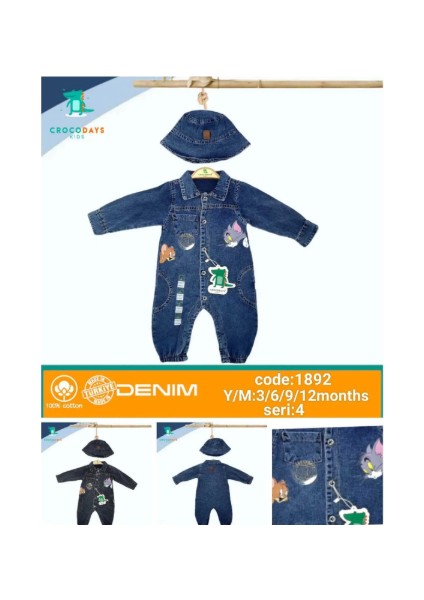 Unisex Çocuk Bebek Kot (Jeans) Baskılı Şapkalı Tulum (3/6/9/12) Ay fiyatları