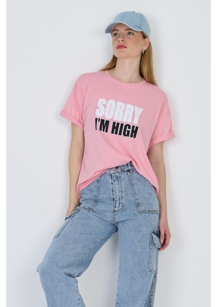 Pembe Yazı Baskılı %100 Pamuk Oversize Tişört 2150-7M