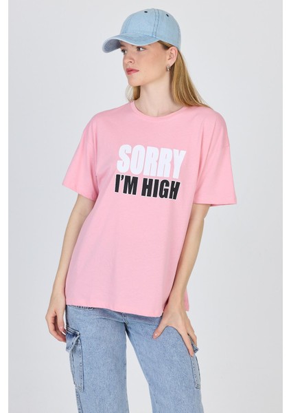 Pembe Yazı Baskılı %100 Pamuk Oversize Tişört 2150-7M fiyatları
